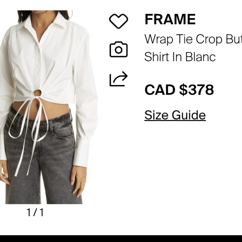 Frame Denim Cotton Cropped Tie Wrap Crisp White Top Blouse Size Small
